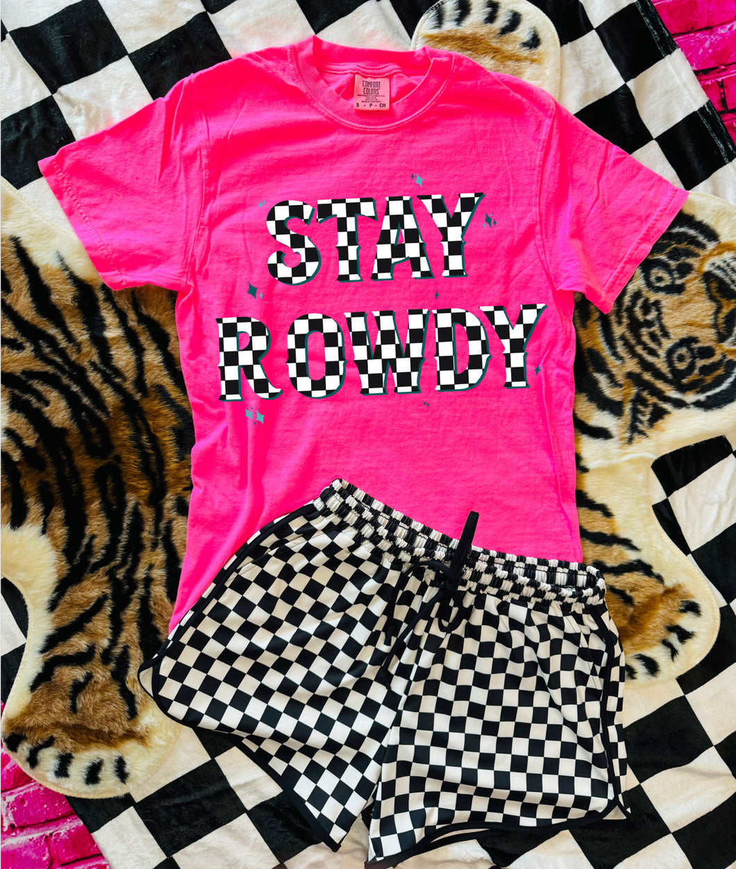 Neon pink comfort colors graphic tee CHECKERED STAY ROWDY - shorts available under style - Mavictoria Designs Hot Press Express
