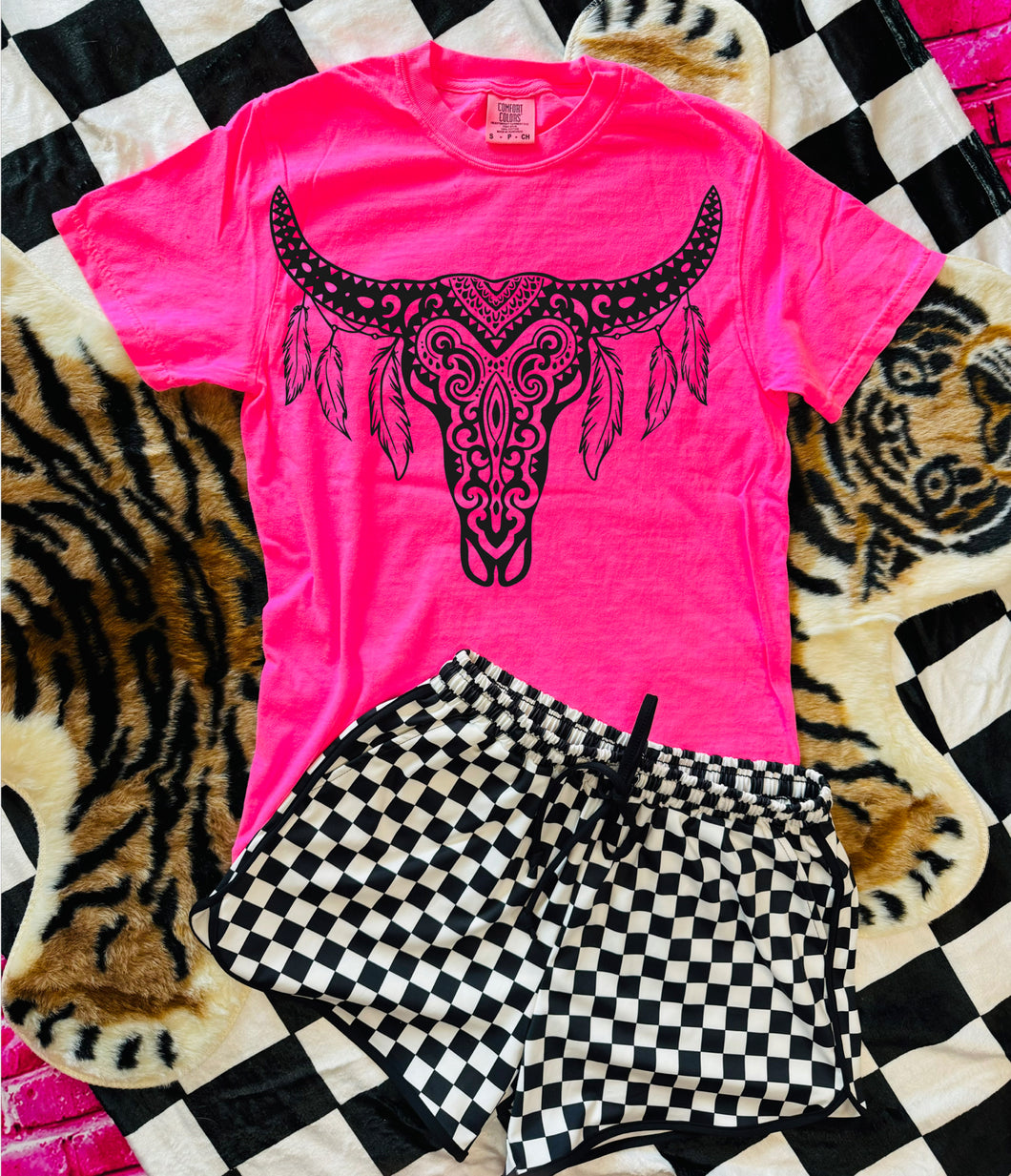 Neon pink comfort colors graphic tee with feathered mandala bullskull- shorts available under style - Mavictoria Designs Hot Press Express