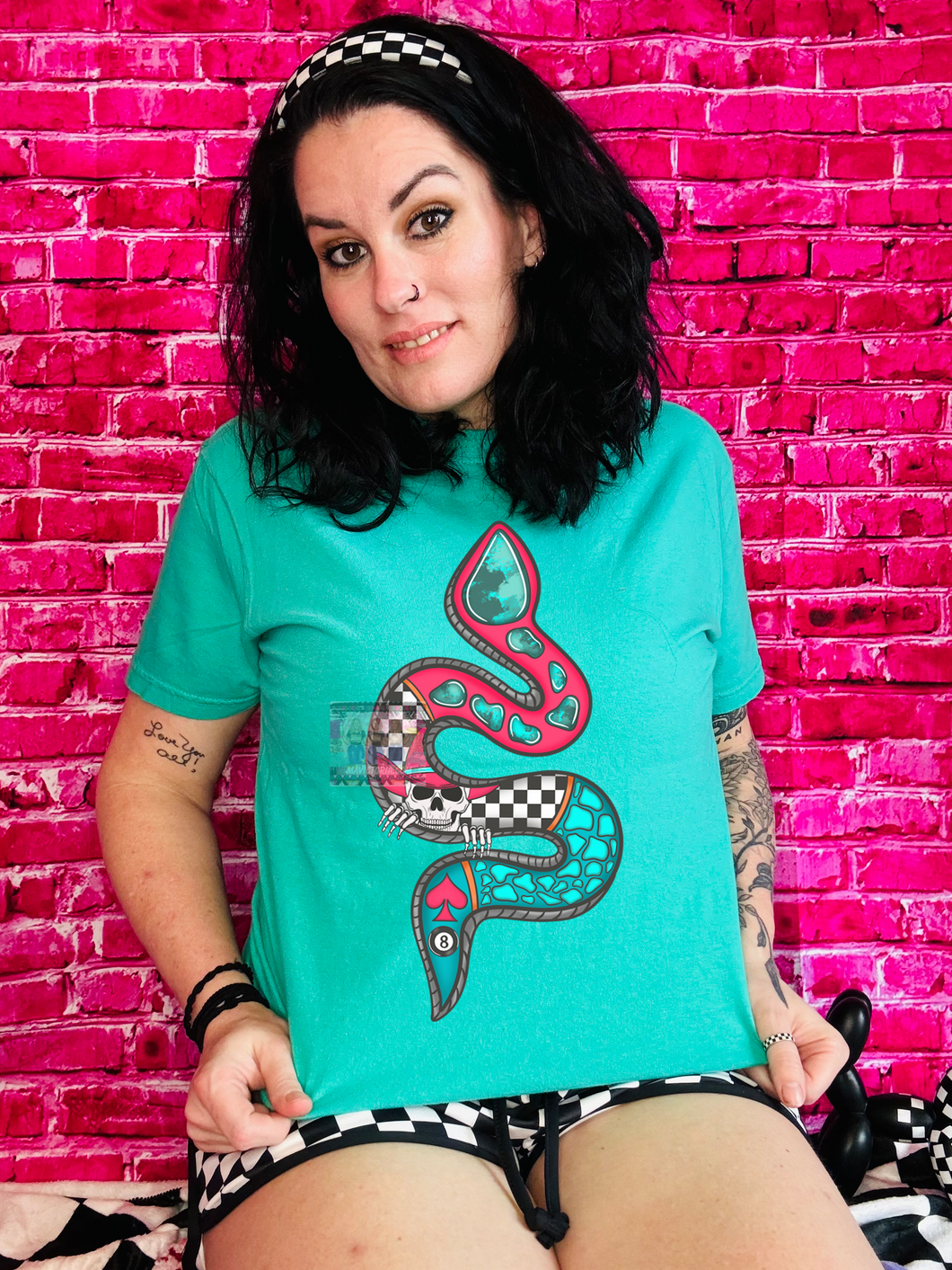 Western checkered turquoise stone and neon pink snake on teal comfort colors graphic tee - shorts available under style - Mavictoria Designs Hot Press Express