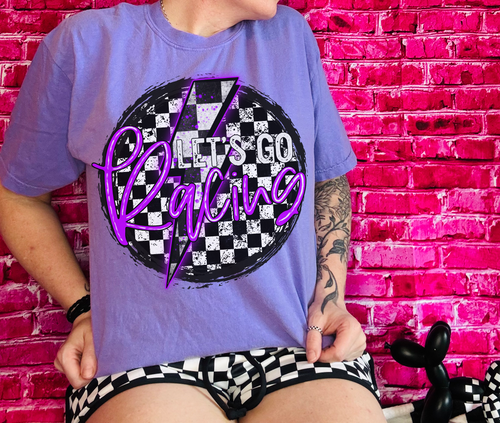 Let’s go Racing checkered graphic tee comfort colors // checkered shorts sold separately - Mavictoria Designs Hot Press Express