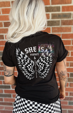 Load image into Gallery viewer, Black comfort colors graphic tee SHE IS FIERCE AND UNSTOPPABLE checkered wings // checkered shorts available separately - Mavictoria Designs Hot Press Express