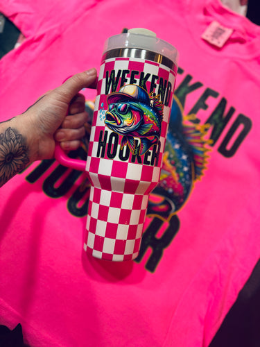 Pink and white checkered 40 oz tumbler with straw —weekend hooker UV decal // hand wash only - Mavictoria Designs Hot Press Express