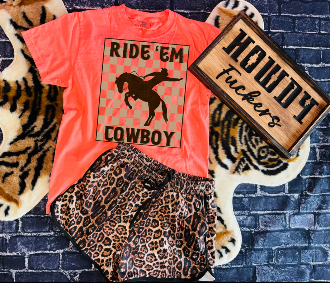 Ride em cowboy checkered neon coral and brown graphic tee // leopard athletic shorts available separately - Mavictoria Designs Hot Press Express