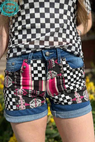 Checkered Sterling Kreek Patched Up Shorts - Mavictoria Designs Hot Press Express