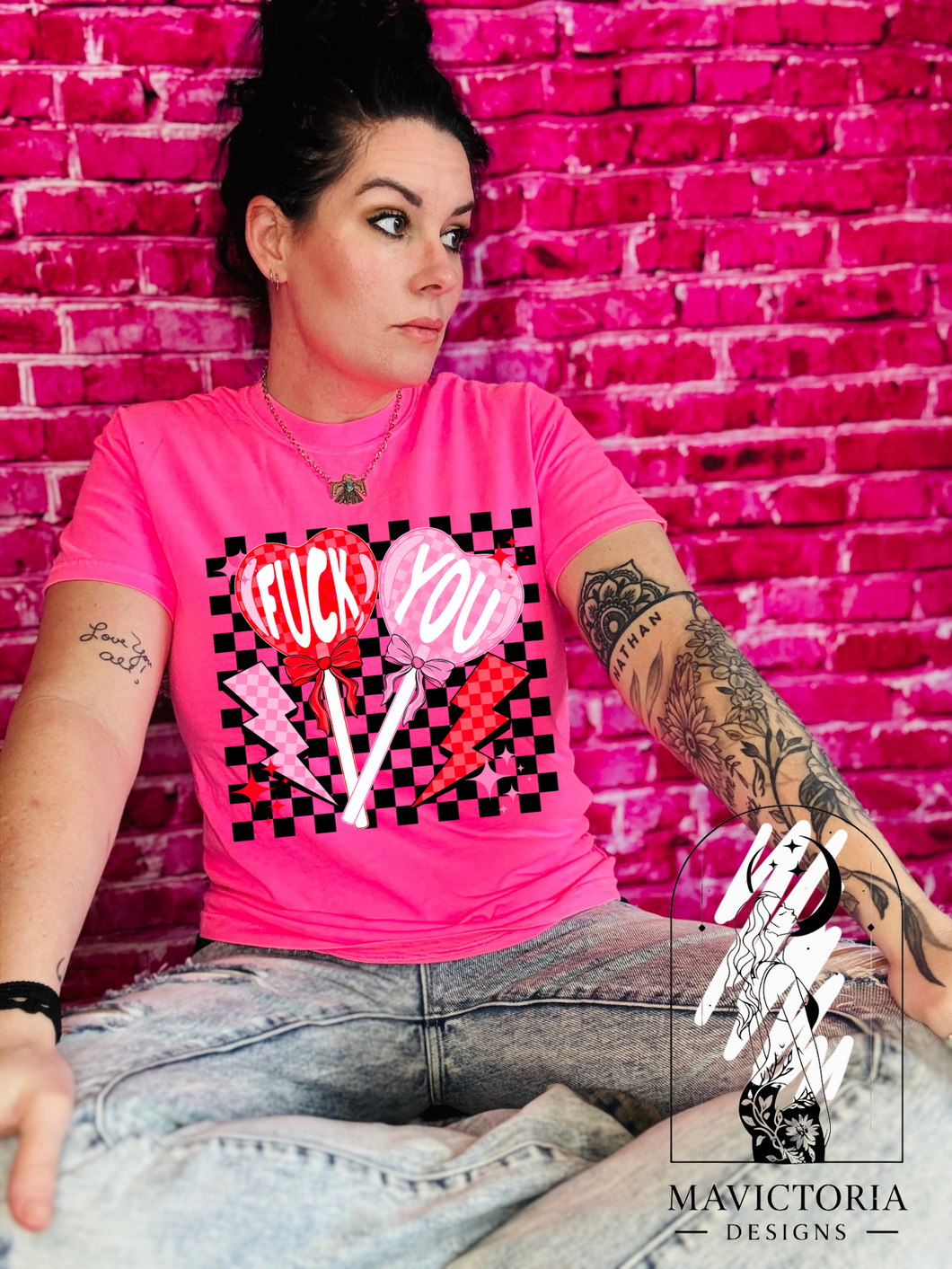 Fuck you checkered suckers on neon pink hoodie, crewneck, long sleeve or graphic tee - Mavictoria Designs Hot Press Express