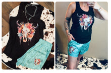 Load image into Gallery viewer, The Boho Bull Graphic Tank Top in black … leopard teal boho bull shorts are LIMITED - Mavictoria Designs Hot Press Express
