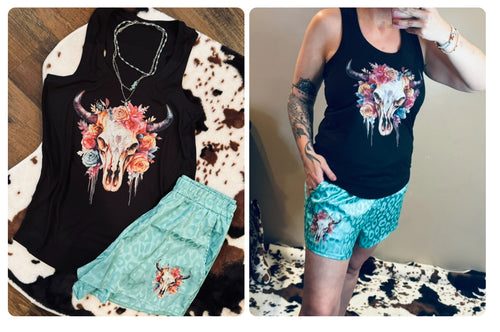 The Boho Bull Graphic Tank Top in black … leopard teal boho bull shorts are LIMITED - Mavictoria Designs Hot Press Express