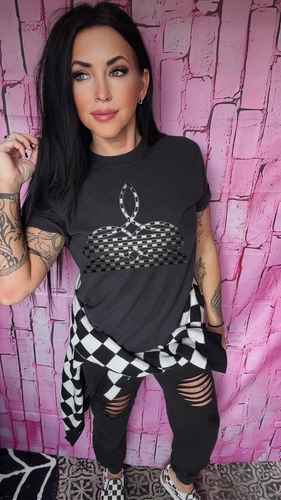 Black comfort colors graphic tee with ombre checkered bootstitch western design - Mavictoria Designs Hot Press Express