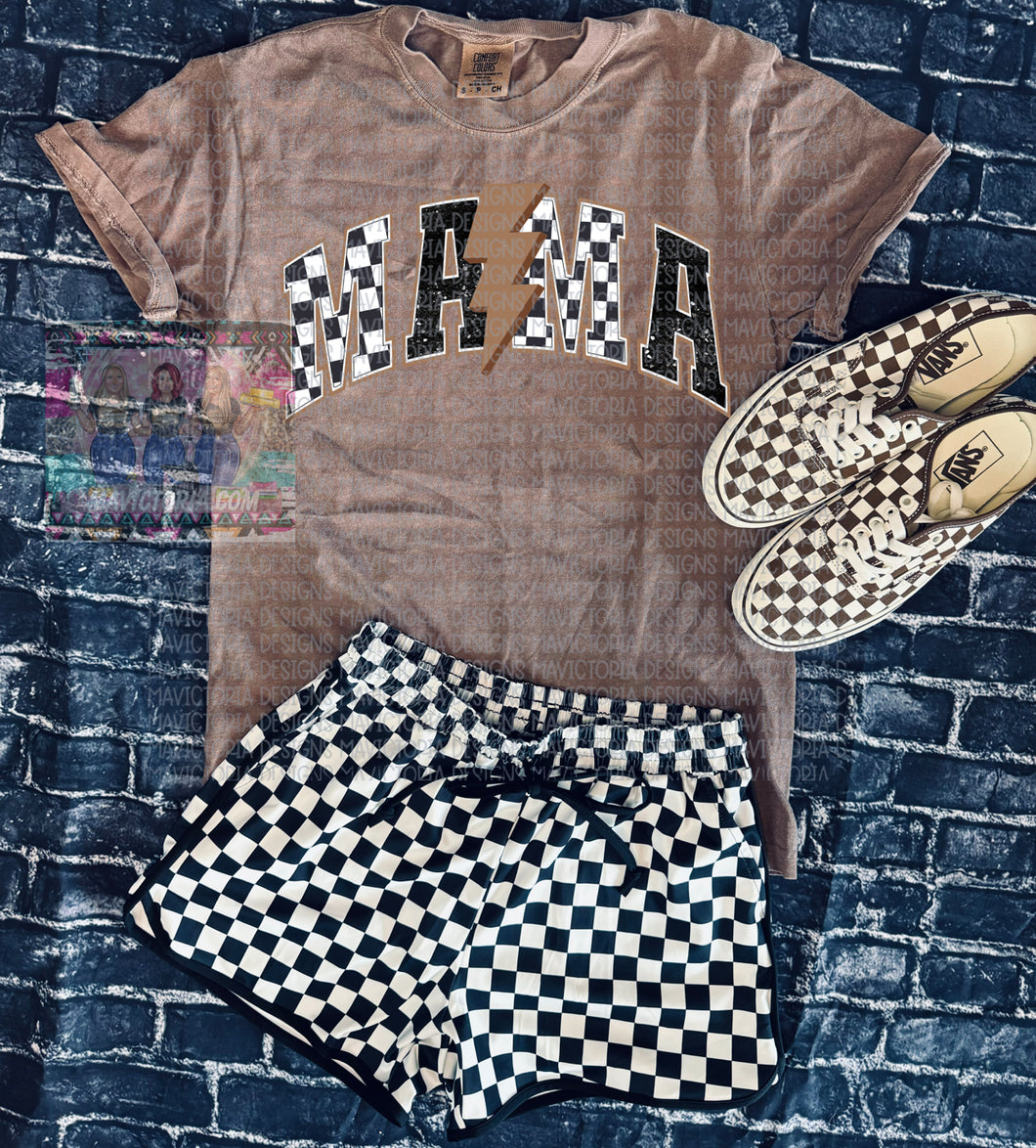 Brown checkered mama on espresso brown comfort colors graphic tee - Mavictoria Designs Hot Press Express