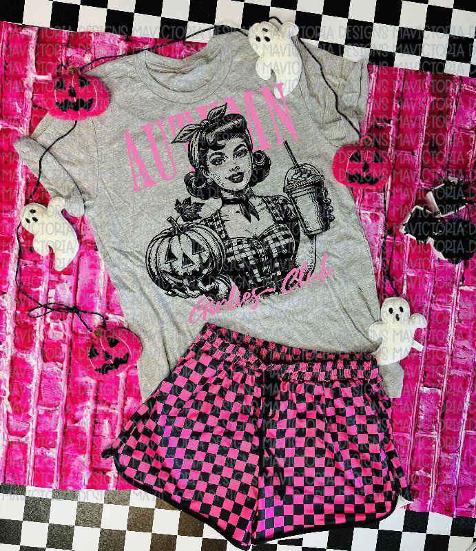 Autumn girlies club on gray graphic tee // pink and black checkered shorts available separately - Mavictoria Designs Hot Press Express