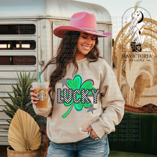 LUCKY checkered on sand graphic tee, crewneck sweatshirt, long sleeve or hoodie - Mavictoria Designs Hot Press Express