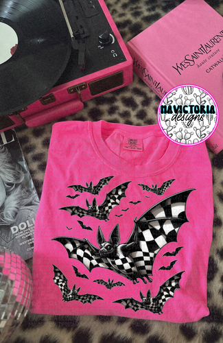 Checkered sky puppies (bats) on neon pink hoodie , crewneck, long sleeve or tee - Mavictoria Designs Hot Press Express