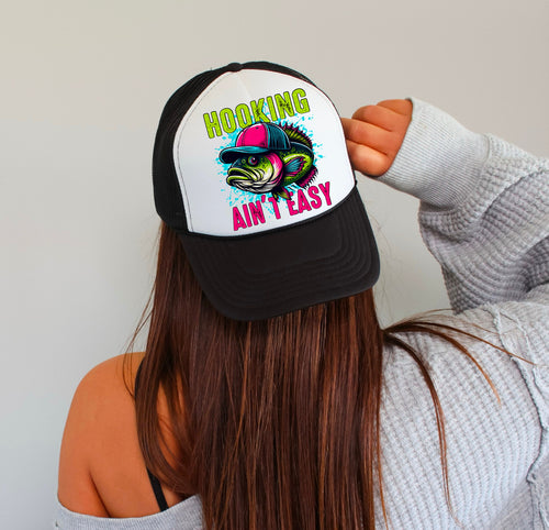 Hooking ain’t easy trucker hat black and white - Mavictoria Designs Hot Press Express