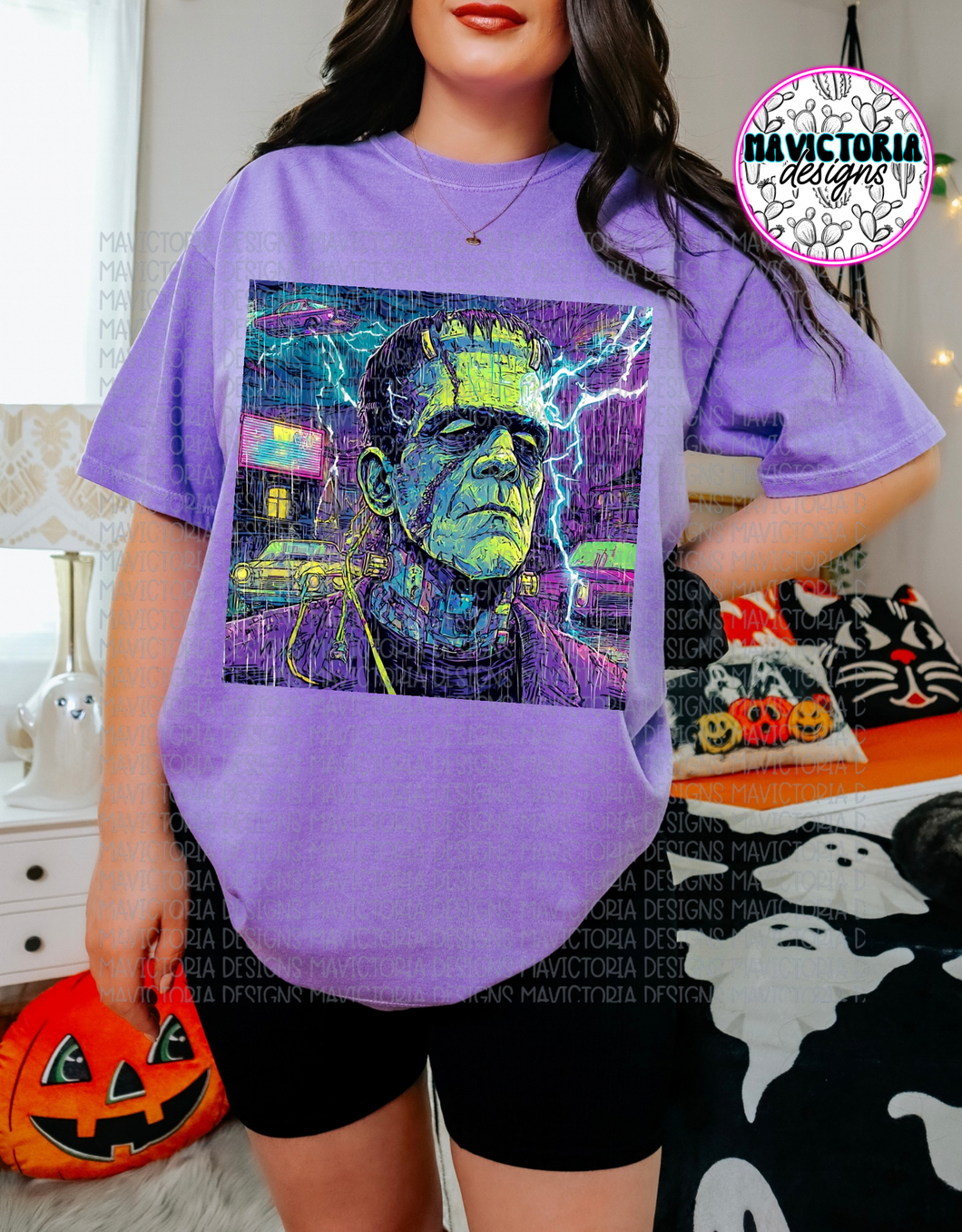 Frankenstein on violet graphic tee or long sleeve - Mavictoria Designs Hot Press Express
