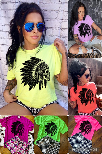 The Neon Headdress Skull Graphic tee Collection LEMON VIOLET PINK GREEN CORAL checkered shorts sold separately - Mavictoria Designs Hot Press Express