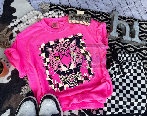 Neon pink checkered Unbothered leopard  , comfort colors graphic tee // checkered shorts available separately - Mavictoria Designs Hot Press Express