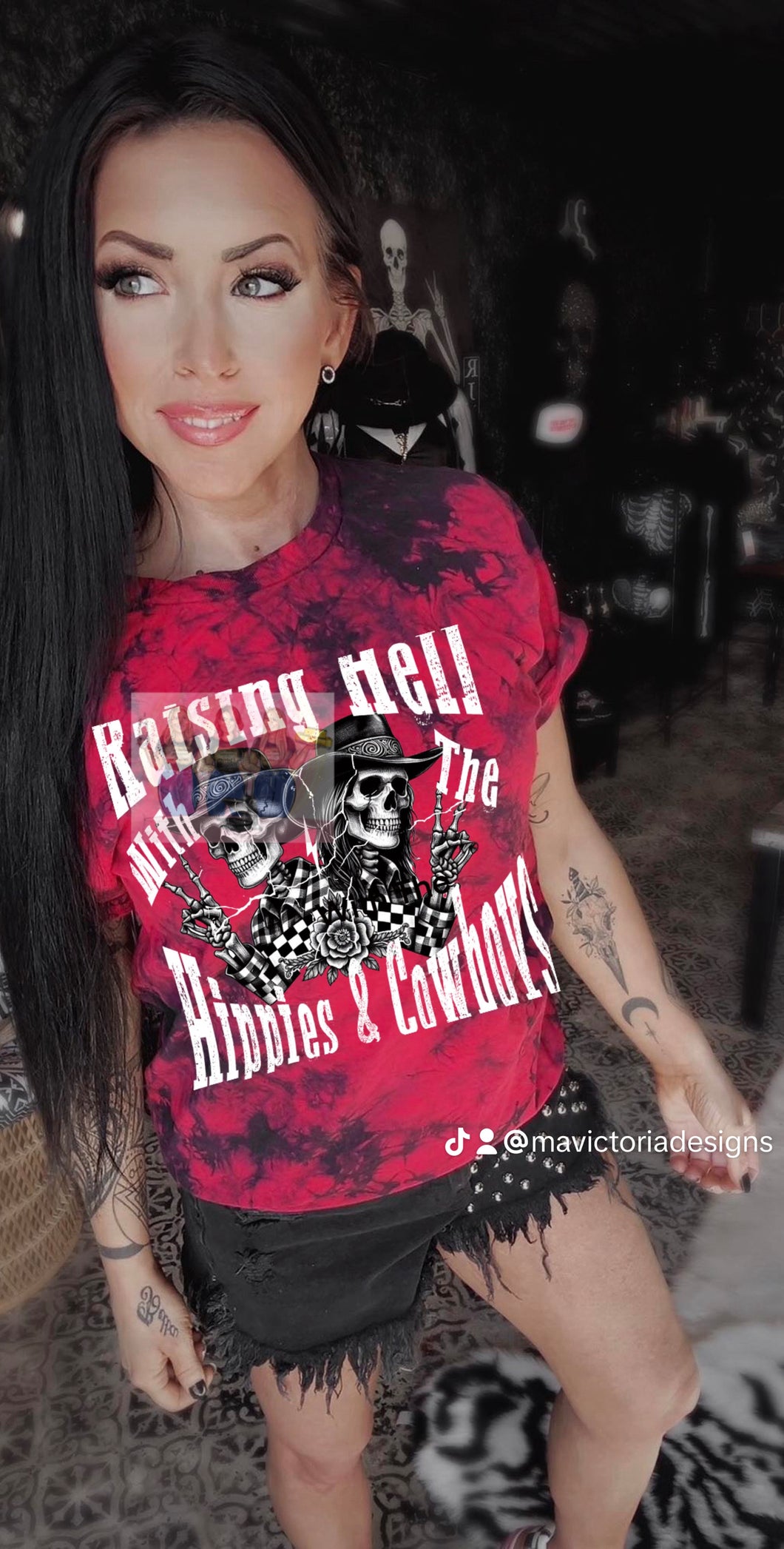 Raising Hell with the Hippies and Cowboys on red and black dyed graphic tee - Mavictoria Designs Hot Press Express