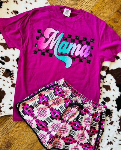 Comfort colors magenta checkered mama ombre style 2 graphic tee - shorts available under style - Mavictoria Designs Hot Press Express