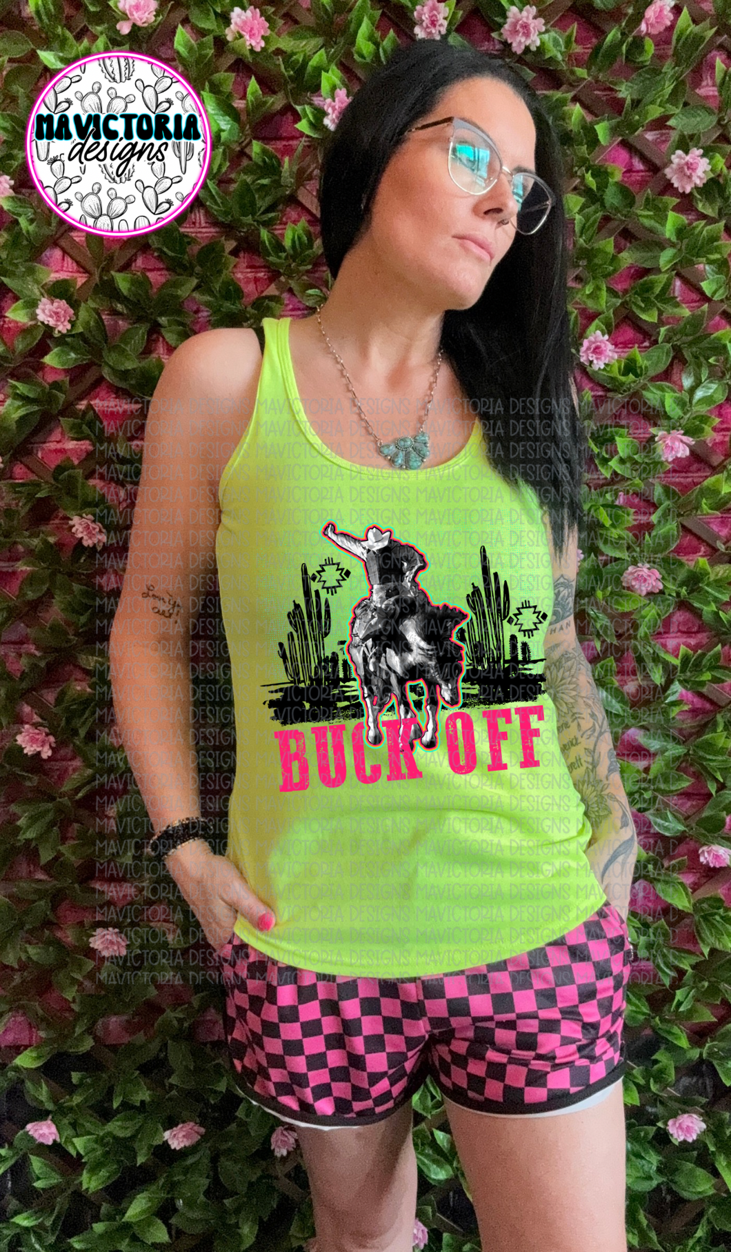 Neon yellow BUCK OFF graphic tank or tee - Mavictoria Designs Hot Press Express
