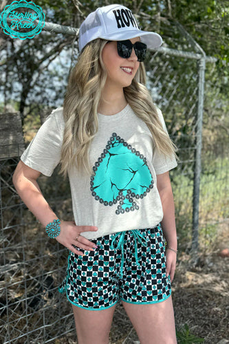 Turquoise spade tee paired with ALL IN CHECKERED CARD FACE SHORTS sold separately select both under style MUST ADD BOTH TO CART - Mavictoria Designs Hot Press Express