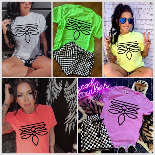 The Neon Boot Stitch Collection VOLUME 3 comfort colors graphic tee LEMON VIOLET PINK GREEN CORAL and GRAY checkered shorts sold separately - Mavictoria Designs Hot Press Express