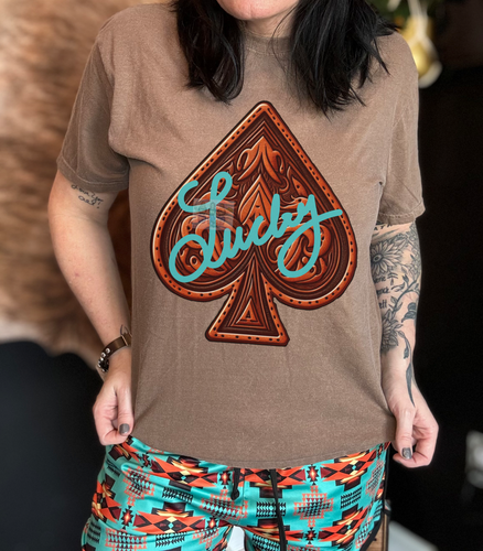 Espresso brown comfort colors graphic tee tooled leather spade LUCKY — teal aztec athletic pocket shorts SOLD SEPARATELY - Mavictoria Designs Hot Press Express