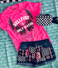 Load image into Gallery viewer, Hellfire and holy water comfort colors graphic tee paired with Checkered Sterling Kreek Patched Up Shorts - Mavictoria Designs Hot Press Express
