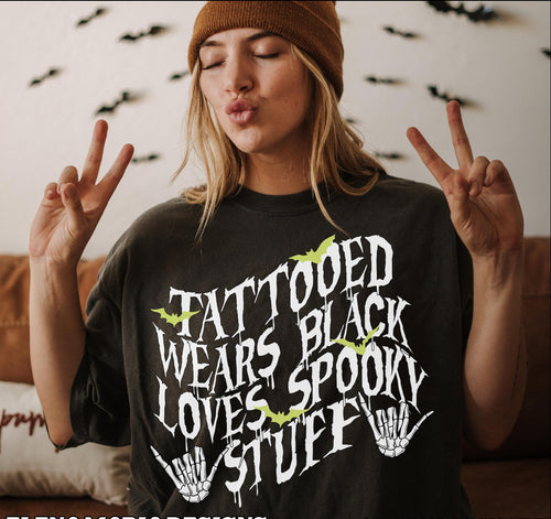 TATTOOED wears black loves spooky stuff on black hoodie, crewneck, long sleeve or graphic tee - Mavictoria Designs Hot Press Express