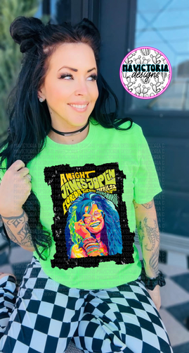 Janis Joplin band graphic tee on Neon green - Mavictoria Designs Hot Press Express