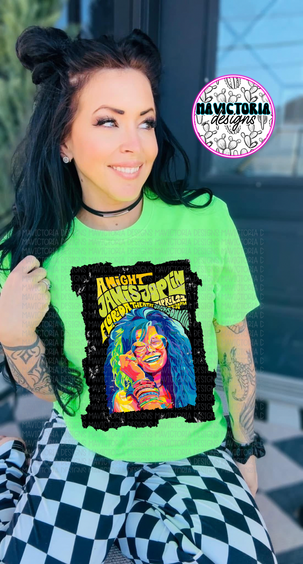 Janis Joplin band graphic tee on Neon green - Mavictoria Designs Hot Press Express