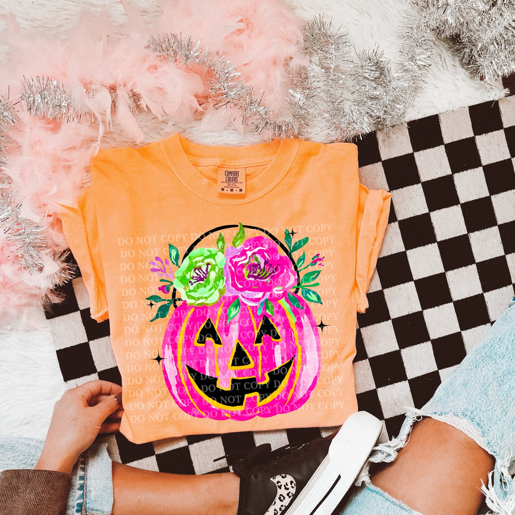 Pink jack o lantern pumpkin bucket on comfort colors graphic tee (you pick color) - Mavictoria Designs Hot Press Express