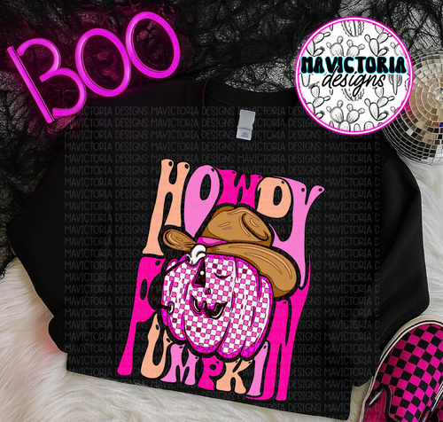 Pink howdy pumpkin on black hoodie, crewneck, long sleeve or tee - Mavictoria Designs Hot Press Express