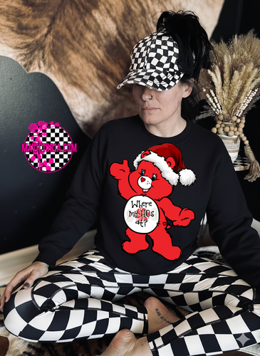 Where my ho’s at Christmas care bear on black hoodie, crewneck, long sleeve or graphic tee - Mavictoria Designs Hot Press Express