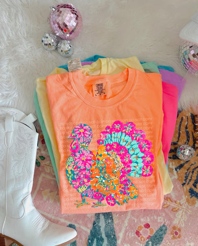 Neon floral turkey on comfort colors graphic tee (you pick color) - Mavictoria Designs Hot Press Express