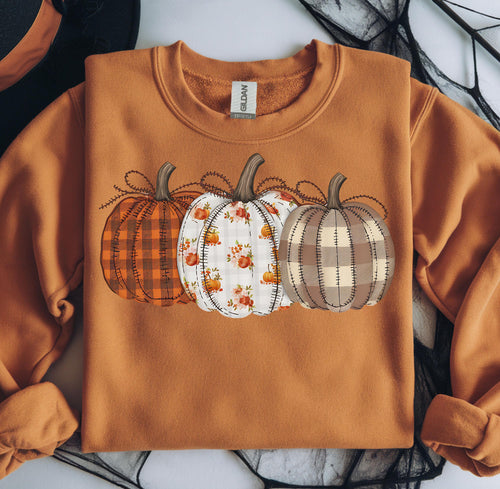 Faux patchwork pumpkins on AUTUMN tee , crewneck, long sleeve or hoodie - Mavictoria Designs Hot Press Express