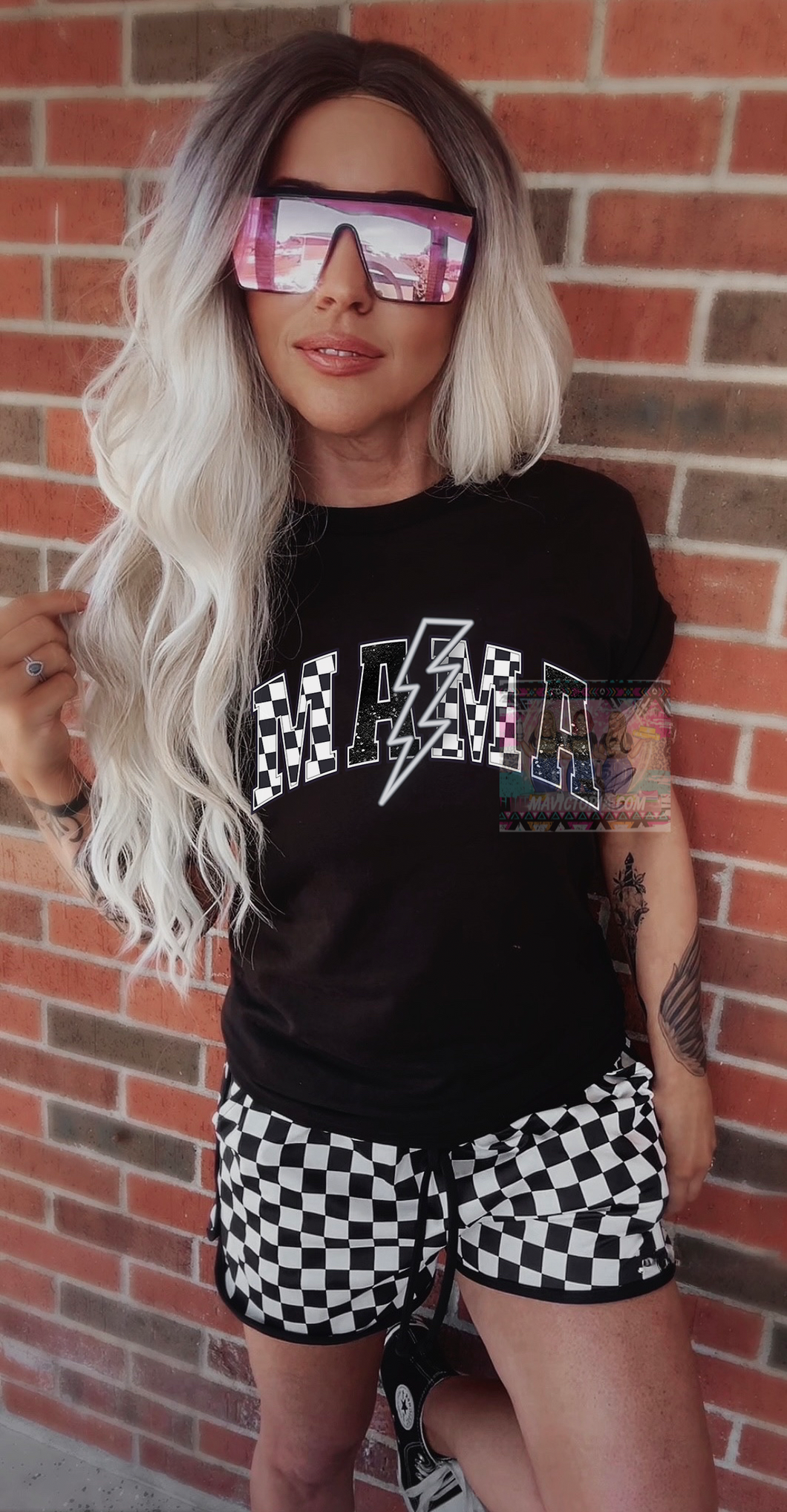 Black comfort colors Graphic tee Checkered lightning mama // checkered shorts available separately - Mavictoria Designs Hot Press Express