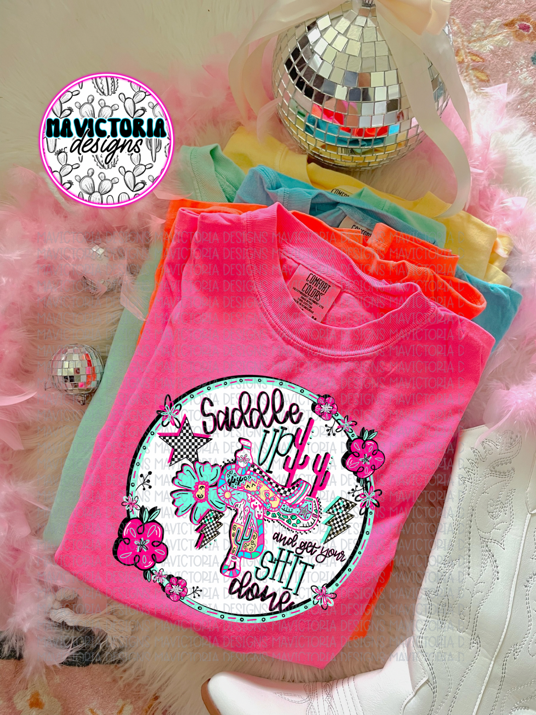 Saddle up and get your shit done NEON graphic tee on comfort colors - Mavictoria Designs Hot Press Express