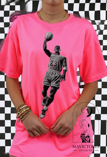 MJ black and white image on neon pink hoodie, crewneck, long sleeve or tee - Mavictoria Designs Hot Press Express