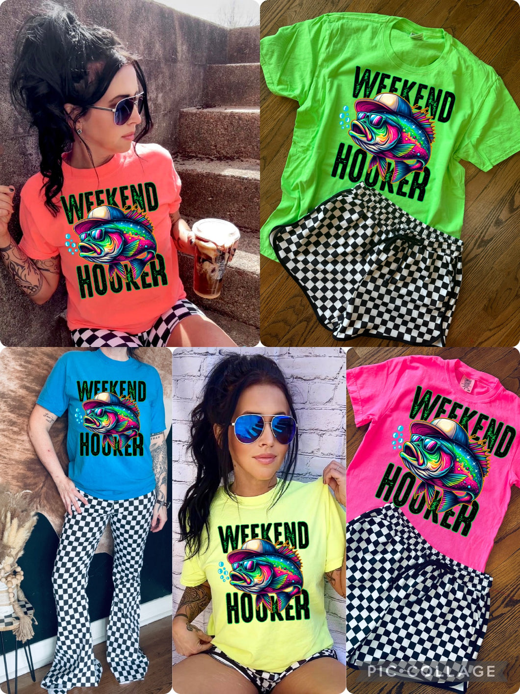 Neon Weekend Hooker comfort colors graphic tee LEMON PINK GREEN CORAL checkered shorts sold separately - Mavictoria Designs Hot Press Express