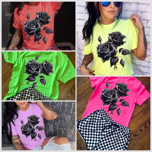 The Neon Gothic Rose Collection on Comfort Colors or Beach Wash Graphic Tees // checkered shorts sold separately - Mavictoria Designs Hot Press Express