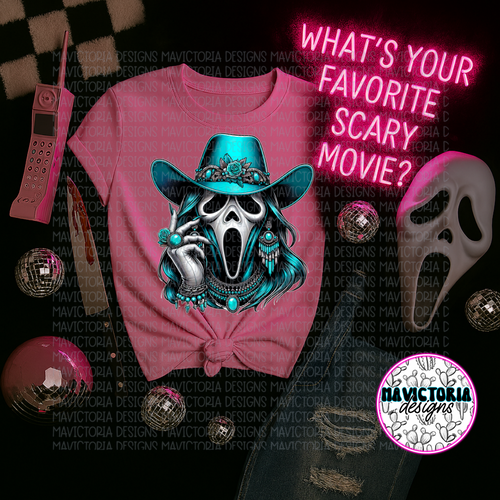 Cowboy ghost face graphic tee on NEON PINK COMFORT COLORS - Mavictoria Designs Hot Press Express