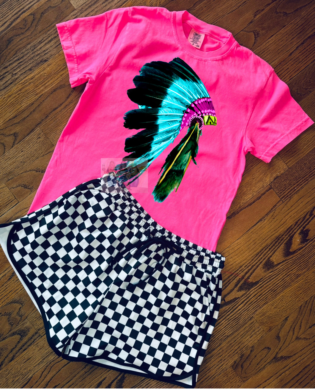 Neon Pink Comfort Colors feathered headdress graphic tee - shorts available under style - Mavictoria Designs Hot Press Express