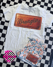 Load image into Gallery viewer, Wrangler patch on white hoodie, crewneck, long sleeve, graphic tee, CROP TOP or tank top
