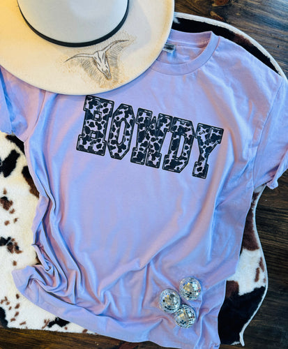 Lilac howdy cowprint graphic tee - Mavictoria Designs Hot Press Express