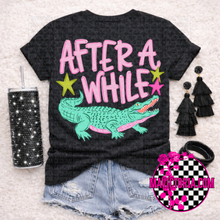 Load image into Gallery viewer, See you later alligator after while crocodile front and back design on LAT black leopard graphic tee - Mavictoria Designs Hot Press Express
