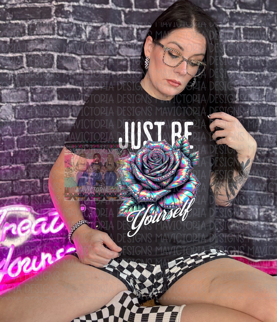 JUST BE YOURSELF iridescent ROSE on black comfort colors graphic tee - Mavictoria Designs Hot Press Express