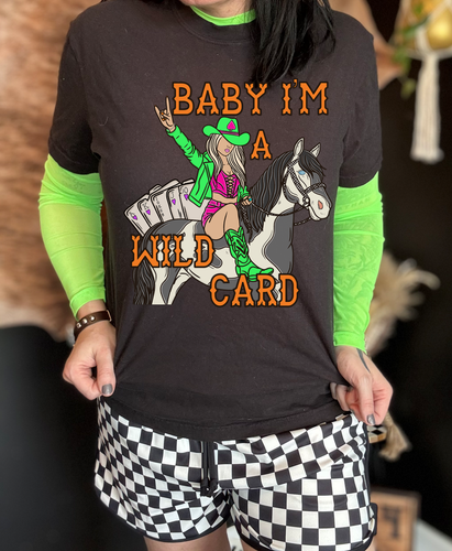 Baby I’m A Wild Card graphic tee  // neon green mesh long sleeve // checkered shorts sold separately - Mavictoria Designs Hot Press Express