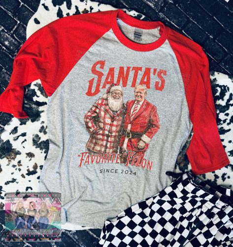 SANTAS FAVORITE FELON graphic raglan baseball tee - Mavictoria Designs Hot Press Express