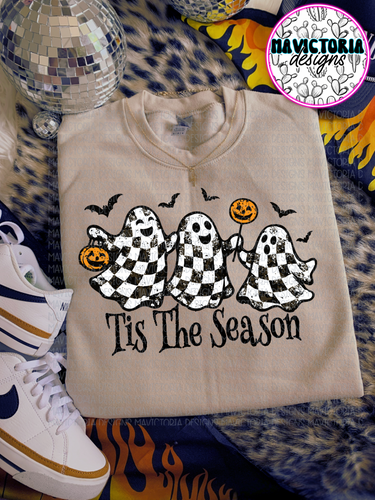 Tis the season checkered ghosts on sand hoodie, crewneck, long sleeve or tee - Mavictoria Designs Hot Press Express