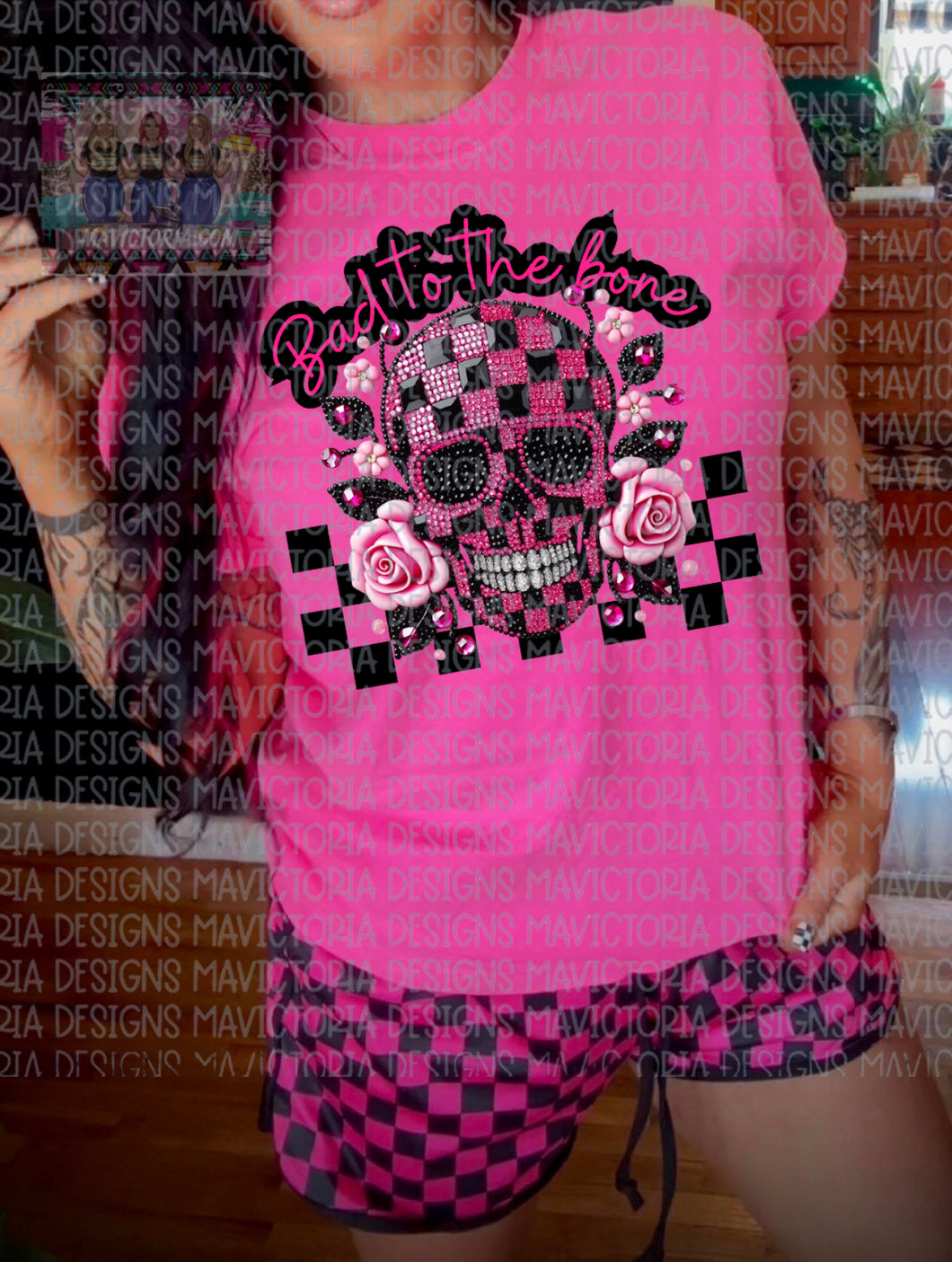 BAD TO THE BONE SKELETON neon pink comfort colors graphic tee - Mavictoria Designs Hot Press Express